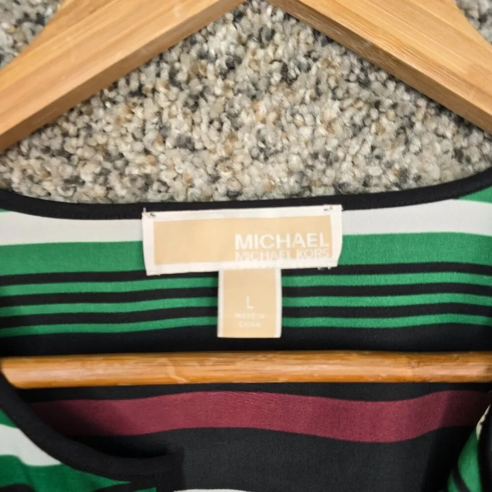 Michael‎ Kors Top Womens Large Black Green Striped V Neck Blouse Semi Sheer